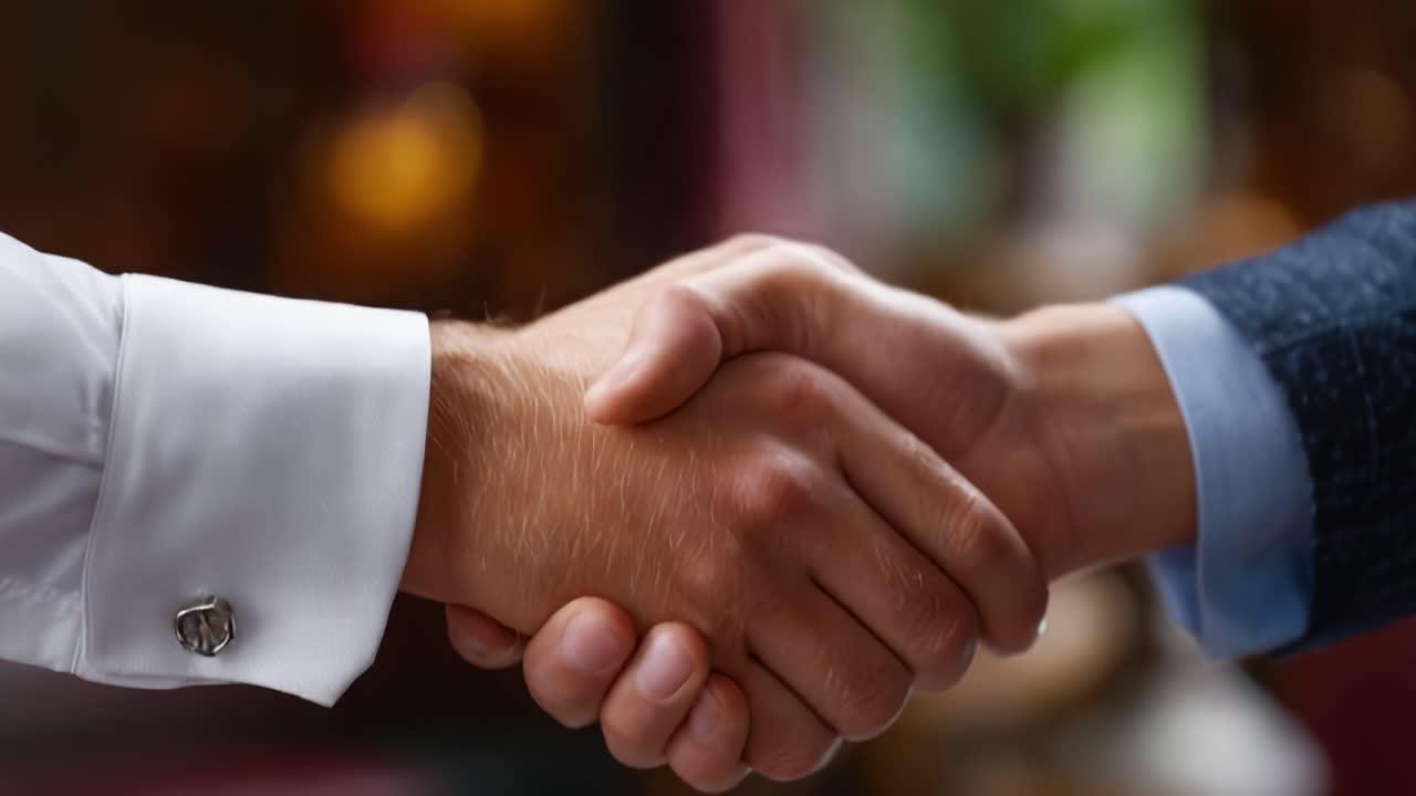 Una stretta di mano decisa tra due persone che simboleggia un accordo o una partnership in un contesto di riunione di lavoro con sfondo sfocato per un ambiente professionale
