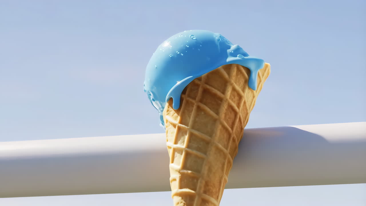 Blue Ice Cream Cone Melting Against a Bright Sky