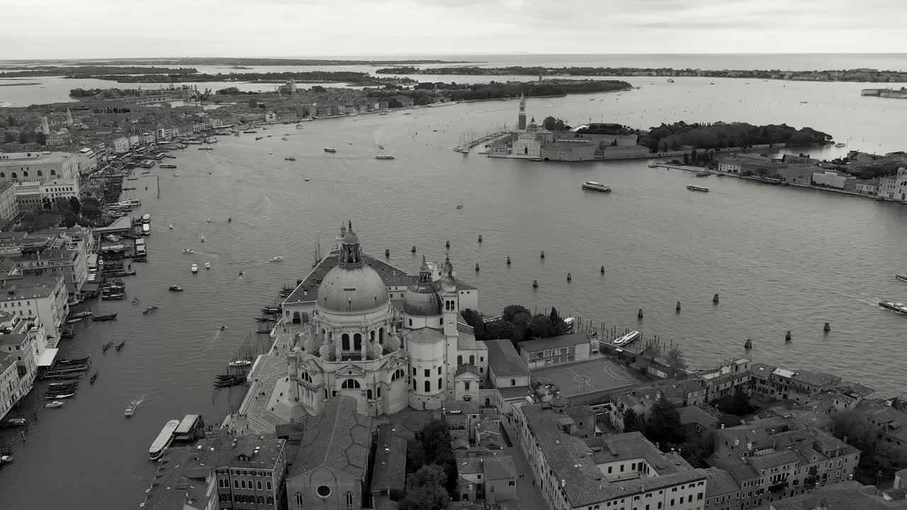 aerial shot over Venice Italy, beautiful city of Venice from above 4k black and white