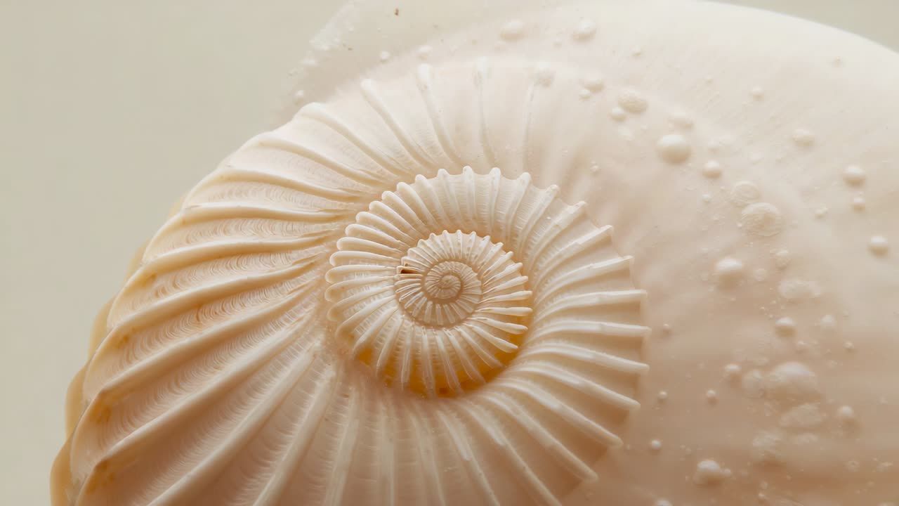 Zooming camera revealing pale spiral seashell on studio tabletop, showing radial ridges and bumps