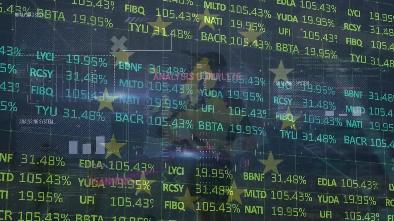 Animation of financial data over connections on background with european union flag