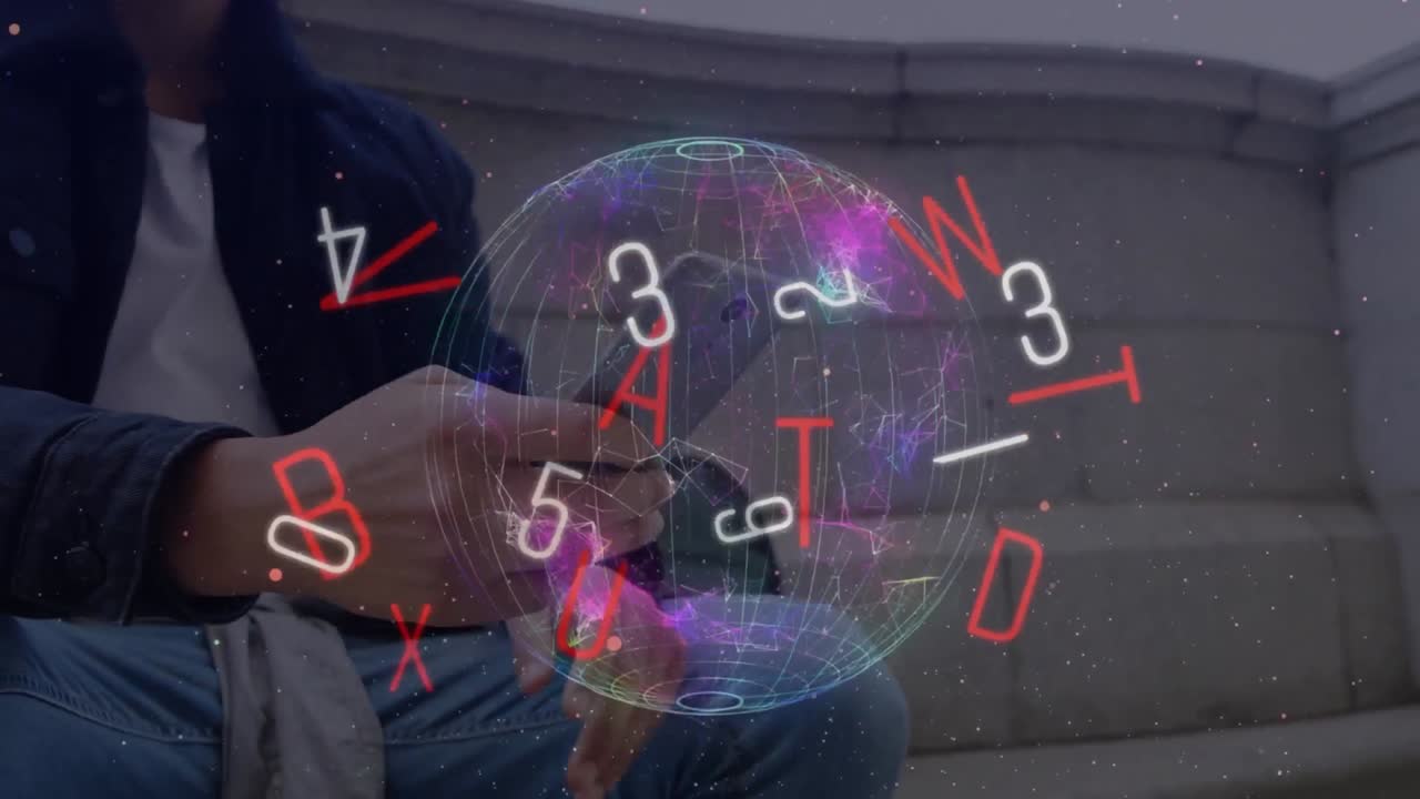 스마트 폰을 사용하는 두 인종 사업가에 대한 지구와 문자의 애니메이션