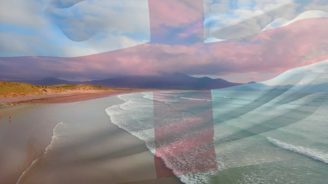 animación de la bandera de inglaterra ondeando sobre el paisaje de la playa y el cielo azul nublado