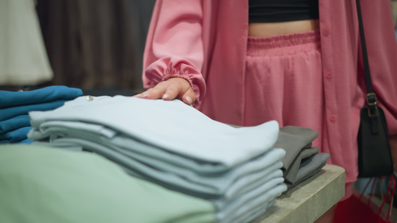 Lower view of lady wearing black crop top under pink outfit, carrying shopping bags, gently touching and feeling the texture of neatly folded clothes on table while observing them in a clothing store