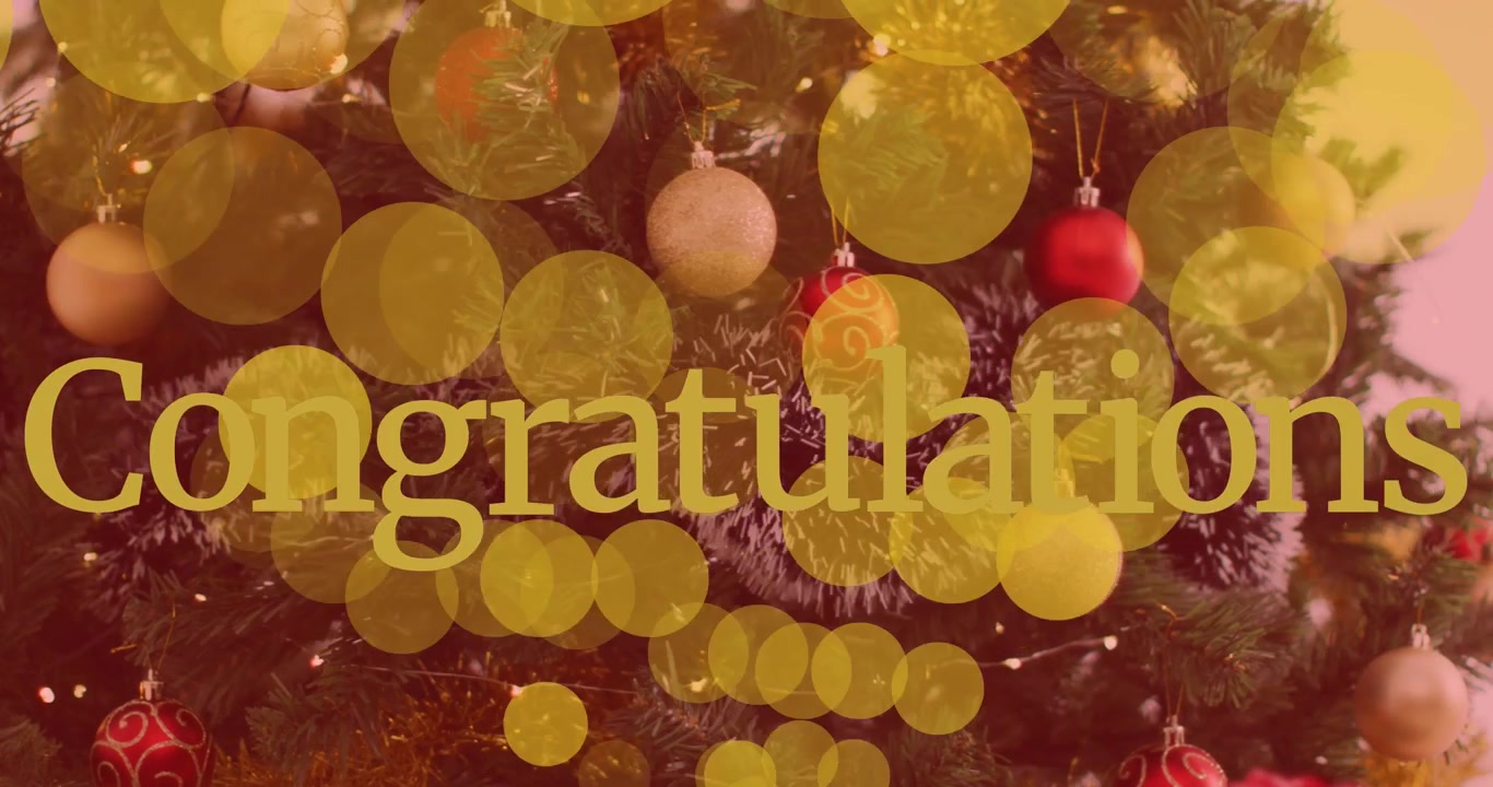 Animation of congratulations text over christmas tree