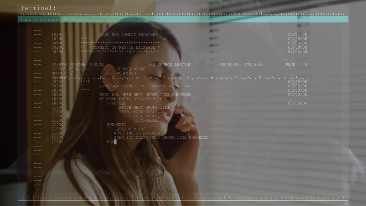 Talking on phone, woman with computer code animation overlay in school setting