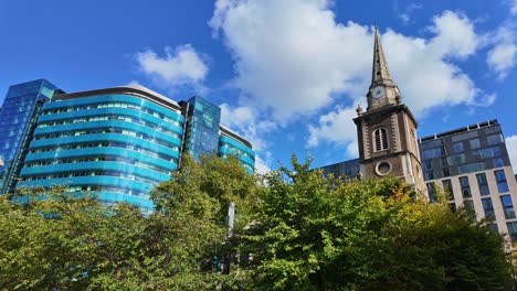 modern cityscape with historic church