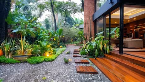 a walkway leads to a patio with a wooden deck and a patio area