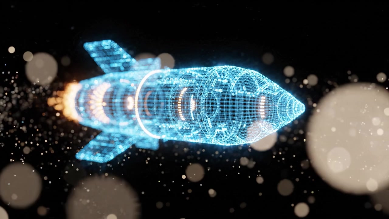 Futuristic Rocket Launch in a Stunning Digital Display of Wireframe Technology and Vibrant Particle Effects Depicting Space Exploration and Innovation