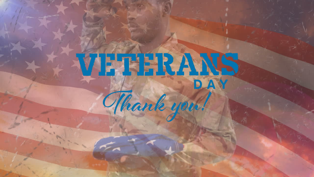 Animation of veterans day thank you text over african american male soldier and american flag