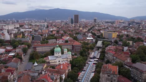 drone shot of downtown sofia bulgaria neighborhood and saints cyril and methodius church
