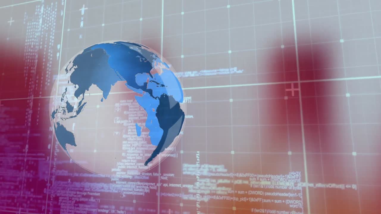 animación de un globo giratorio sobre una cuadrícula sobre un fondo colorido