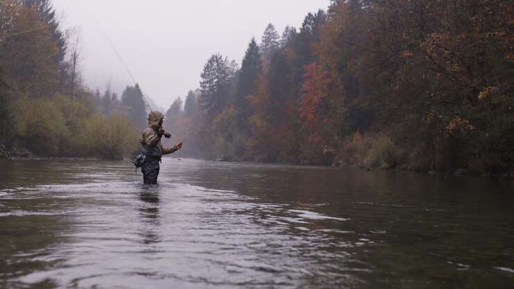 Pesca a mosca nella nebbia autunnale