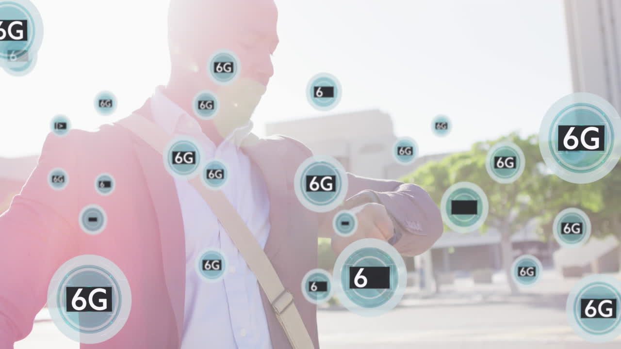 스마트워치를 보는 자전거를 타고 있는 아프리카계 미국인 남성의 6g 텍스트 애니메이션