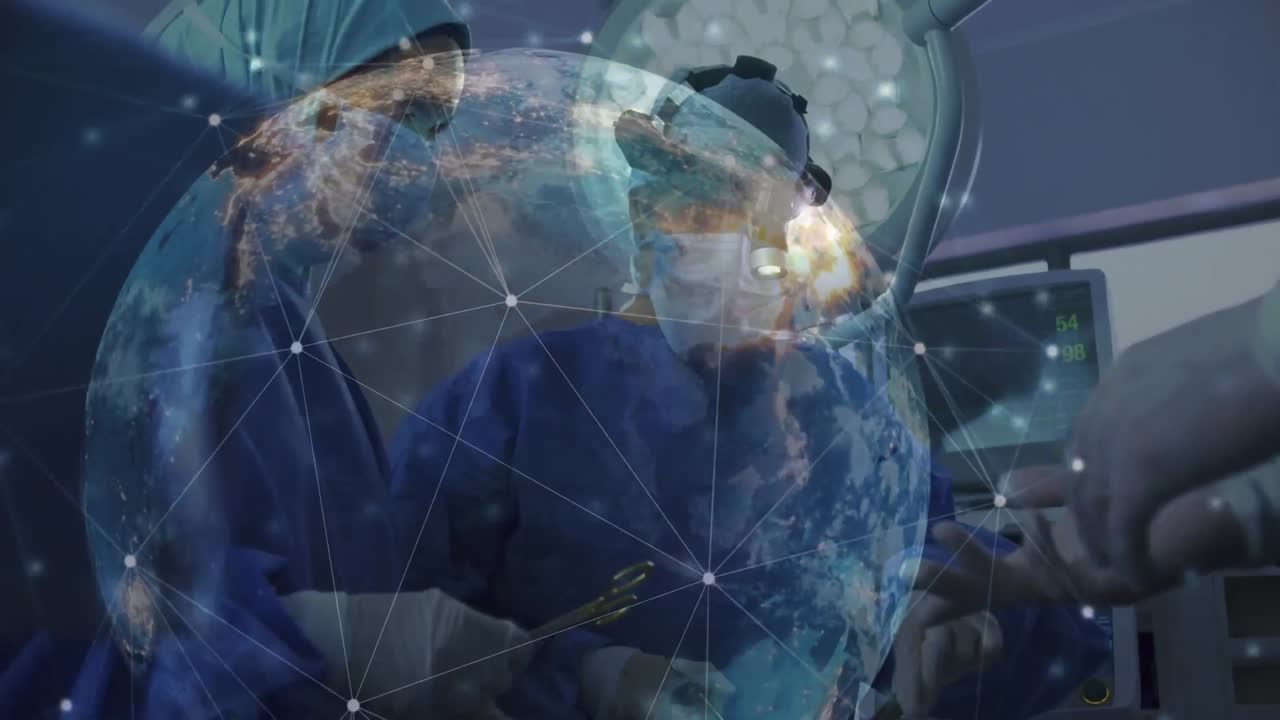 Animation of globe over diverse surgeons with face masks