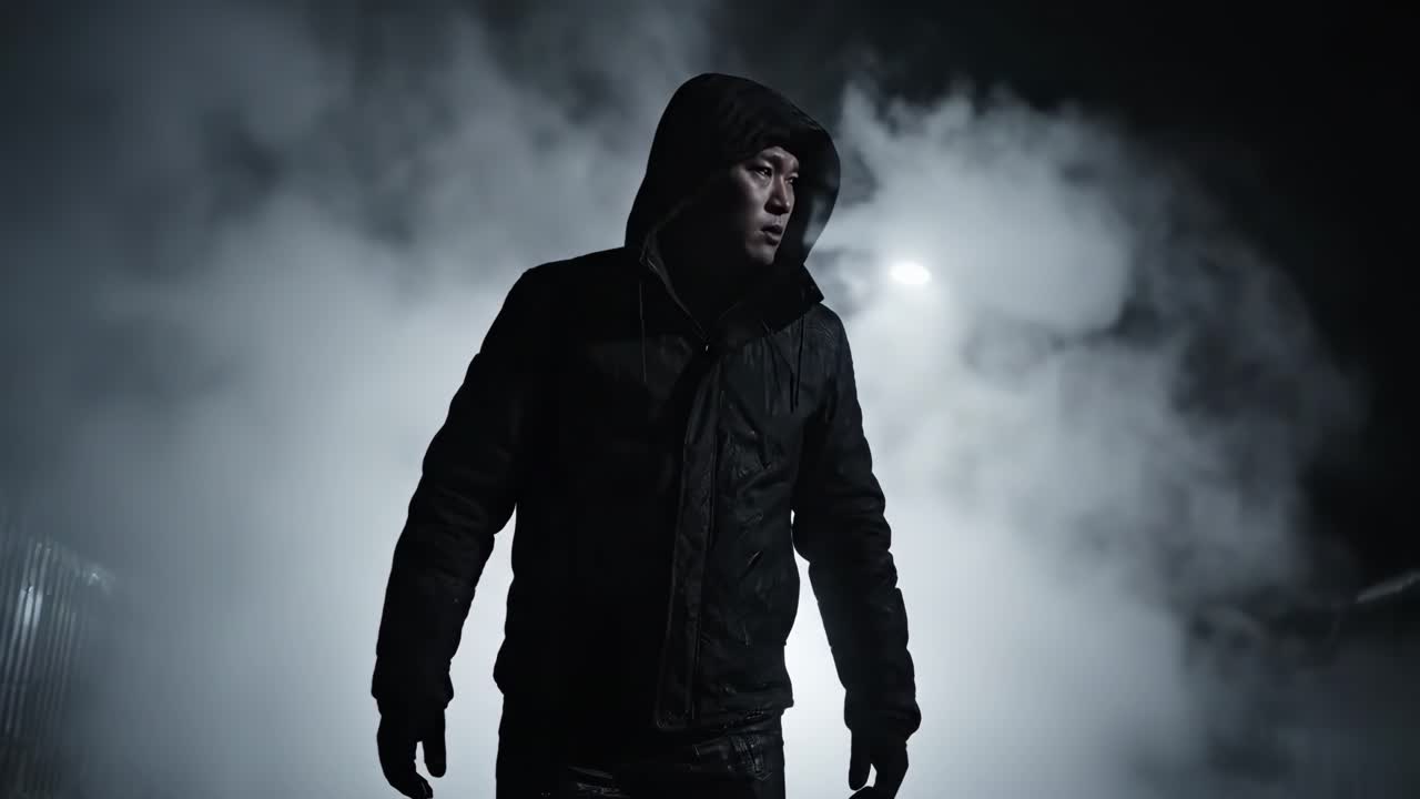 Man in Hoodie in Dark and Smoky Environment