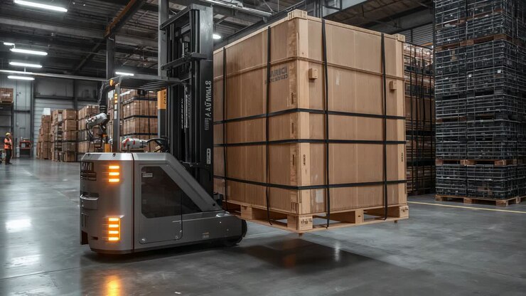 Approaching lift carrying crate on pallet to store in warehouse, worker guiding in hi-vis hard hat