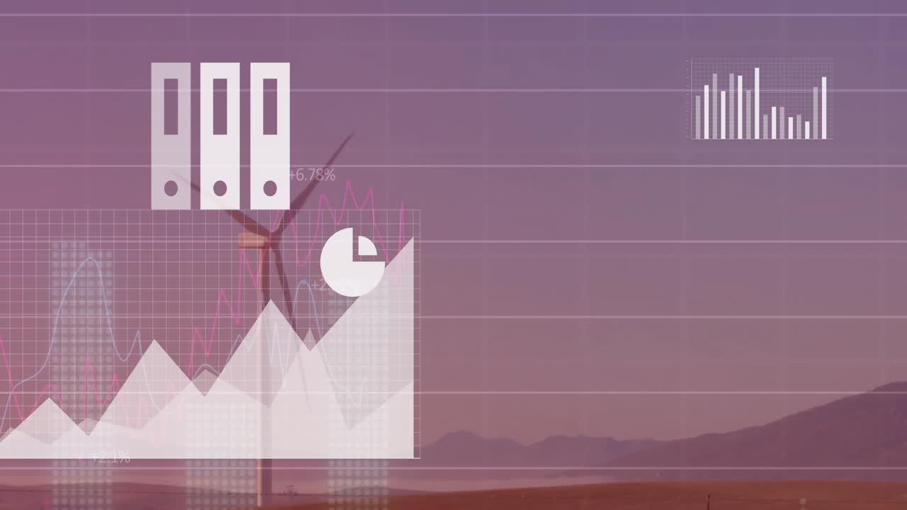 클라우드 아이콘의 애니메이션과 풍력 터빈을 통해 데이터 처리