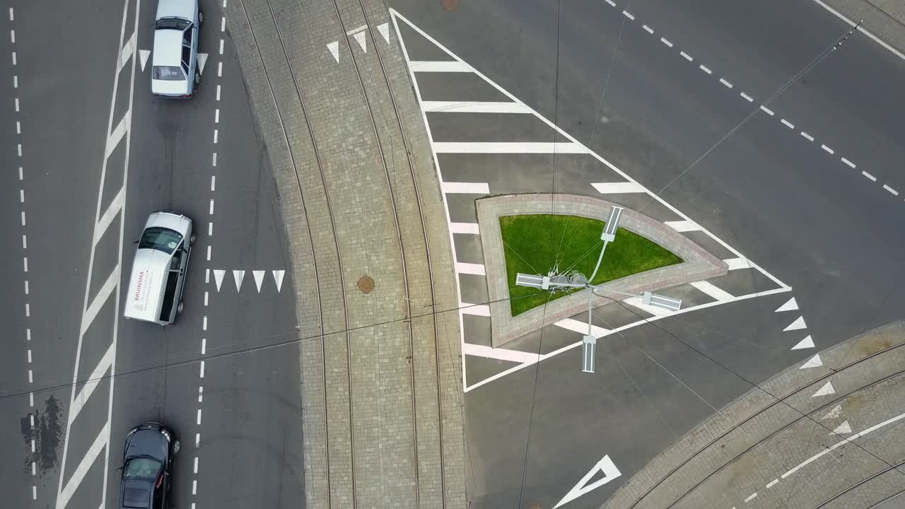Traffic Jam And Urban Transport. VINNITSA, UKRAINE - JULY 2017: Crossroads in the city, cars drive through part of the road, aerial view