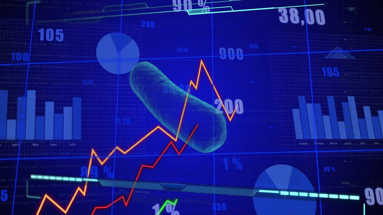 Animation of financial data charts with abstract shapes on blue background