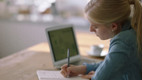 Junge-Geschäftsfrau-Schreibt-Notizen,-Brainstorming-Ideen-Für-Projekte,-Arbeitet-In-Einem-Entspannten-Café-Mit-Einem-Laptop-Und-Recherchiert-Online-Planungsstrategien