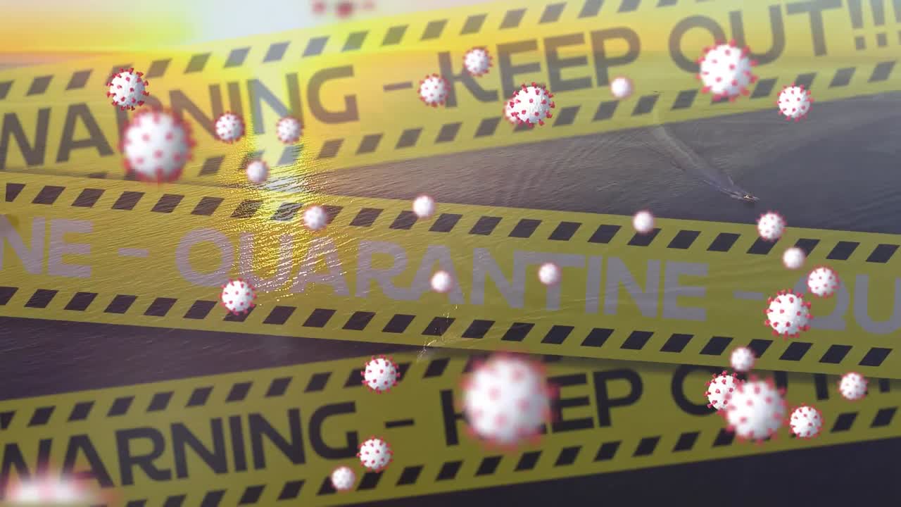격리 문자와 코로나바이러스에 대한 경고를 담은 노란색 경찰 테이프의 디지털 복합 비디오