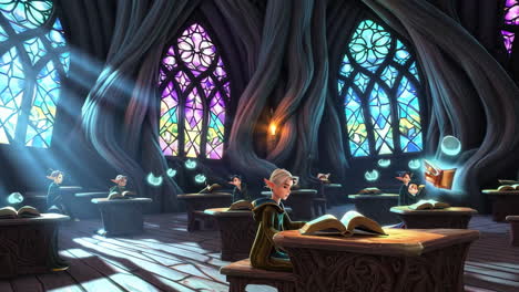 elven students learning magic in a fantasy classroom