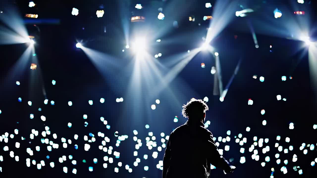 빛나는 무대에서 공연하는 가수, 반이는 불빛에 대비하여 실루을 만들어 열렬한 음악적 순간을 통해 열정적인 군중과 연결하는 동안