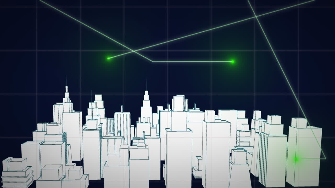 Animation of digital city over light trails on black background