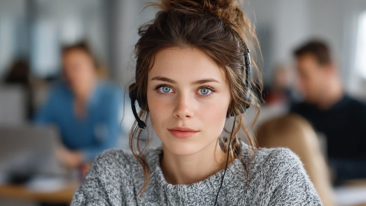 集中して熱心な若い女性プロフェッショナルが、明るくモダンなオフィスでヘッドセットを装着し、コミュニケーションスキルと注意深さを示しています。