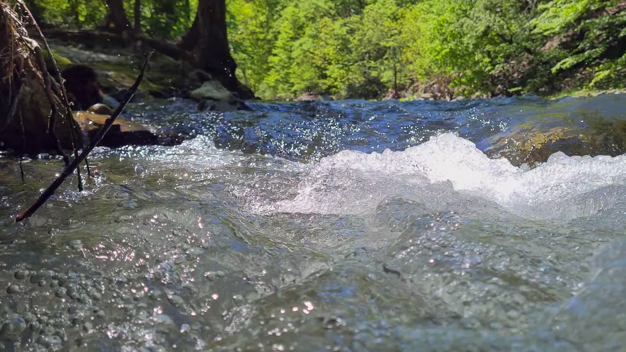 숲으로 둘러싸인 산 사이의 강