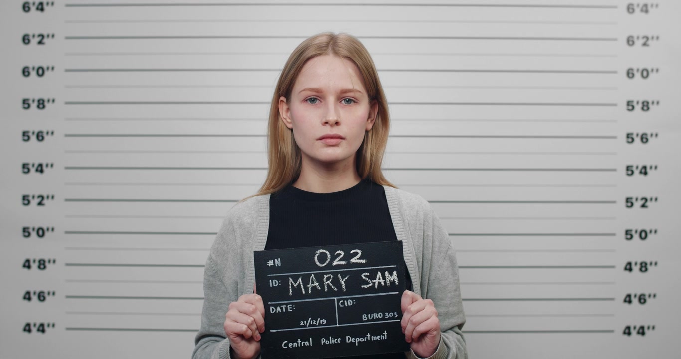 Young Woman Holding Mugshot Board in Police Station