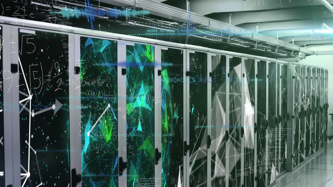 Animation of data processing and mathematical equations against plexus networks over server room