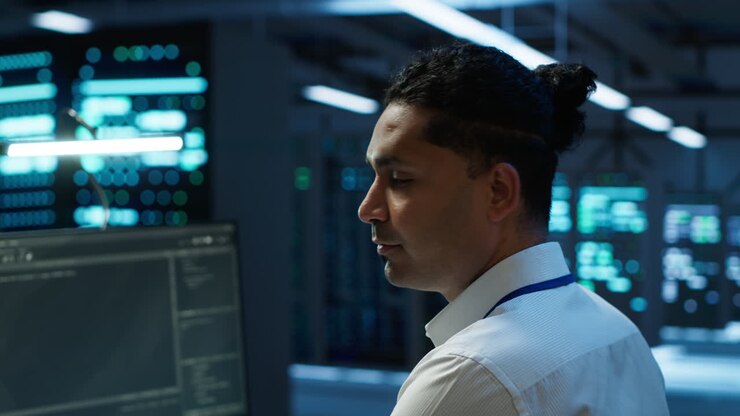 Portræt af smilende tekniker i datacenter, der administrerer infrastruktur