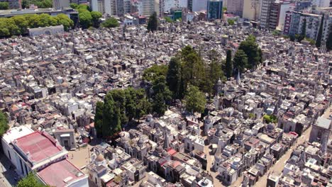 Dolly-in-aerial-view-of-the-mausoleums-and-tombs-of-Recoleta-cemetery-on-a-sunny-day,-mysterious-and-lonely-shot