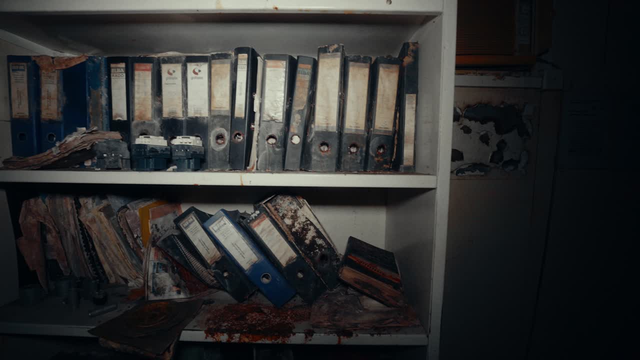 Decaying Binders and Documents on Shelves in Abandoned Building