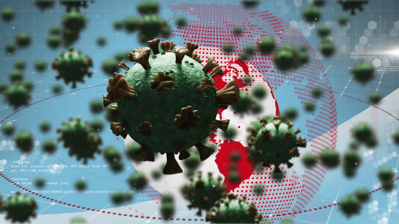 전 세계를 날아다니는 코로나19 세포의 애니메이션