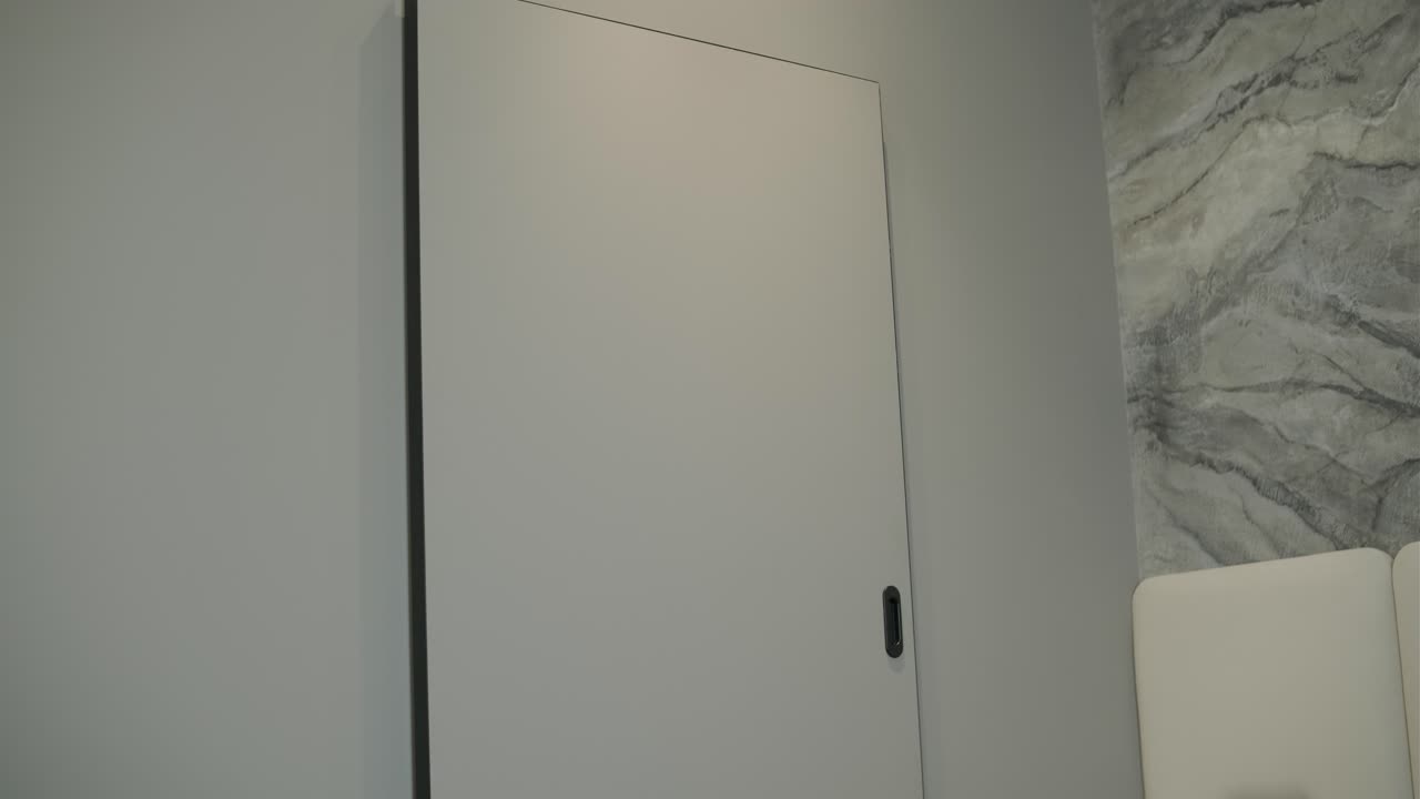 puerta corredera moderna con estanterías incorporadas en una habitación minimalista