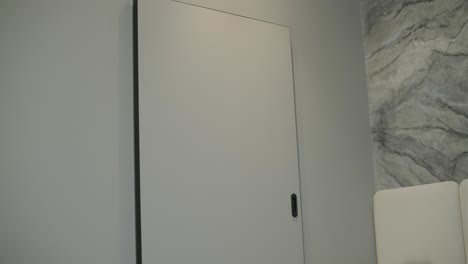 modern sliding door with built-in shelving in minimalist room