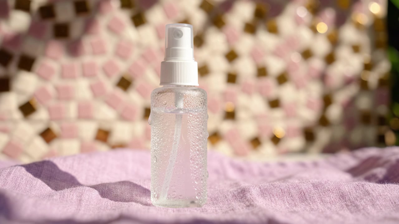 Primo piano accattivante di una bottiglia spray trasparente con superficie rugiadosa su uno sfondo a mosaico colorato in un'ambientazione con luce naturale.