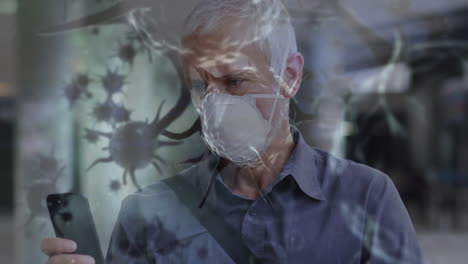 animación de células de covid-19 moviéndose sobre un hombre con una máscara facial