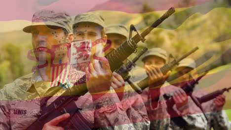 animation of flag of spain waving over diverse soldiers holding weapons