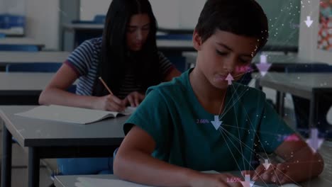 animation of globe of network of connections over caucasian boy studying at school
