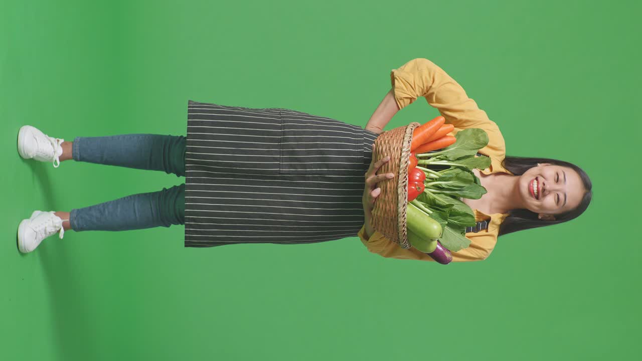 mujer sosteniendo una cesta de verduras