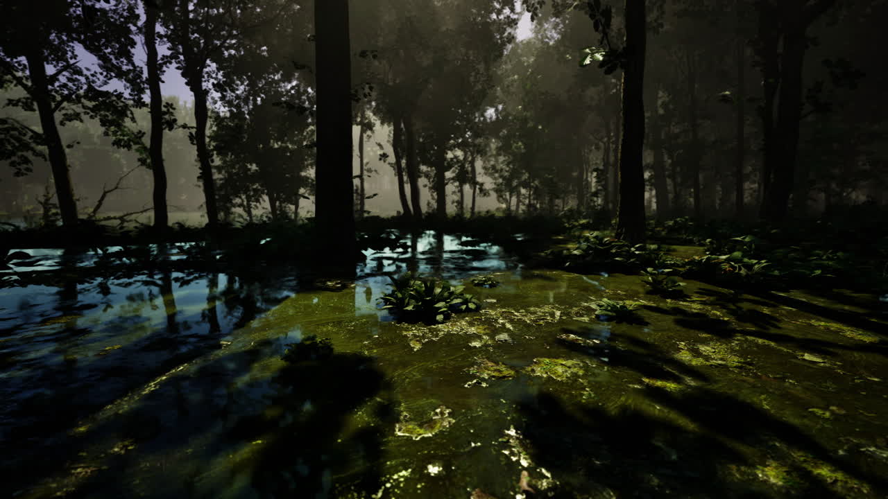 Mysterious forest landscape with shimmering water and enchanting light