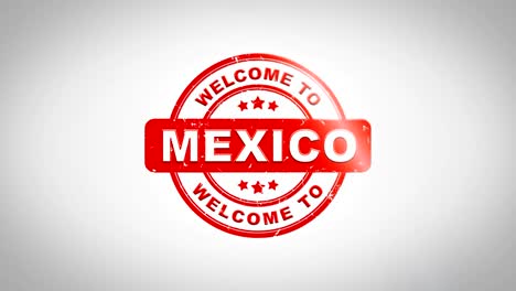 bienvenido a méxico firmado texto de estampado animación de sello de madera. tinta roja en papel blanco limpio fondo de superficie con fondo matte verde incluido.