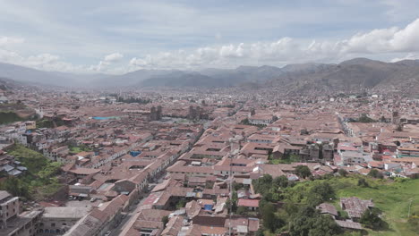 forwards moving drone shot above cusco peru on a cloudy day away from the city center log