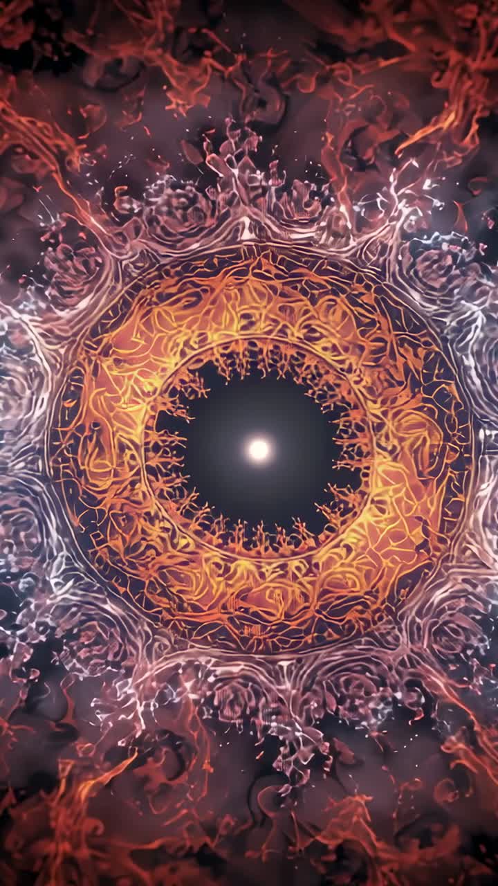 Vertical video: Orb emitting filaments spiraling into rotating rings on dark canvas, pulsing sparks