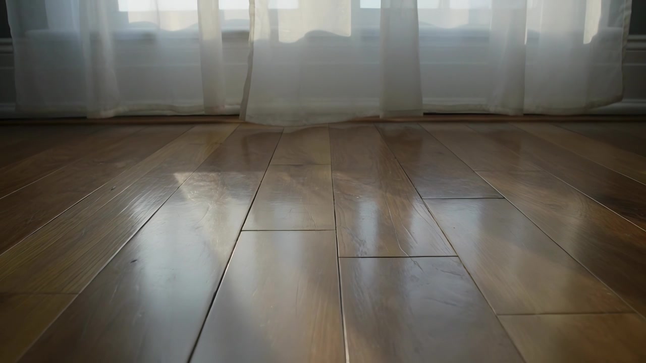Sunlight in window nudging white curtain at home, light sliding across floor, white cylinder left
