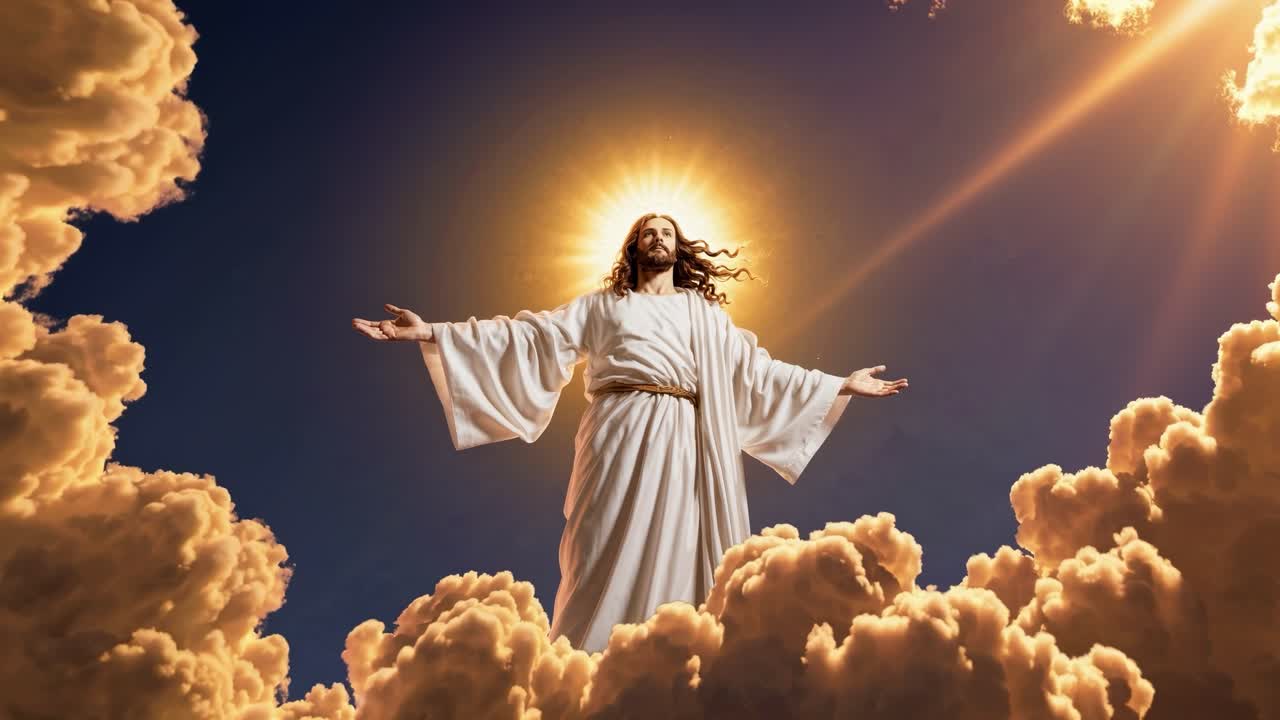 A divine-themed video featuring a figure in white robes amidst glowing clouds, conveying a spiritual